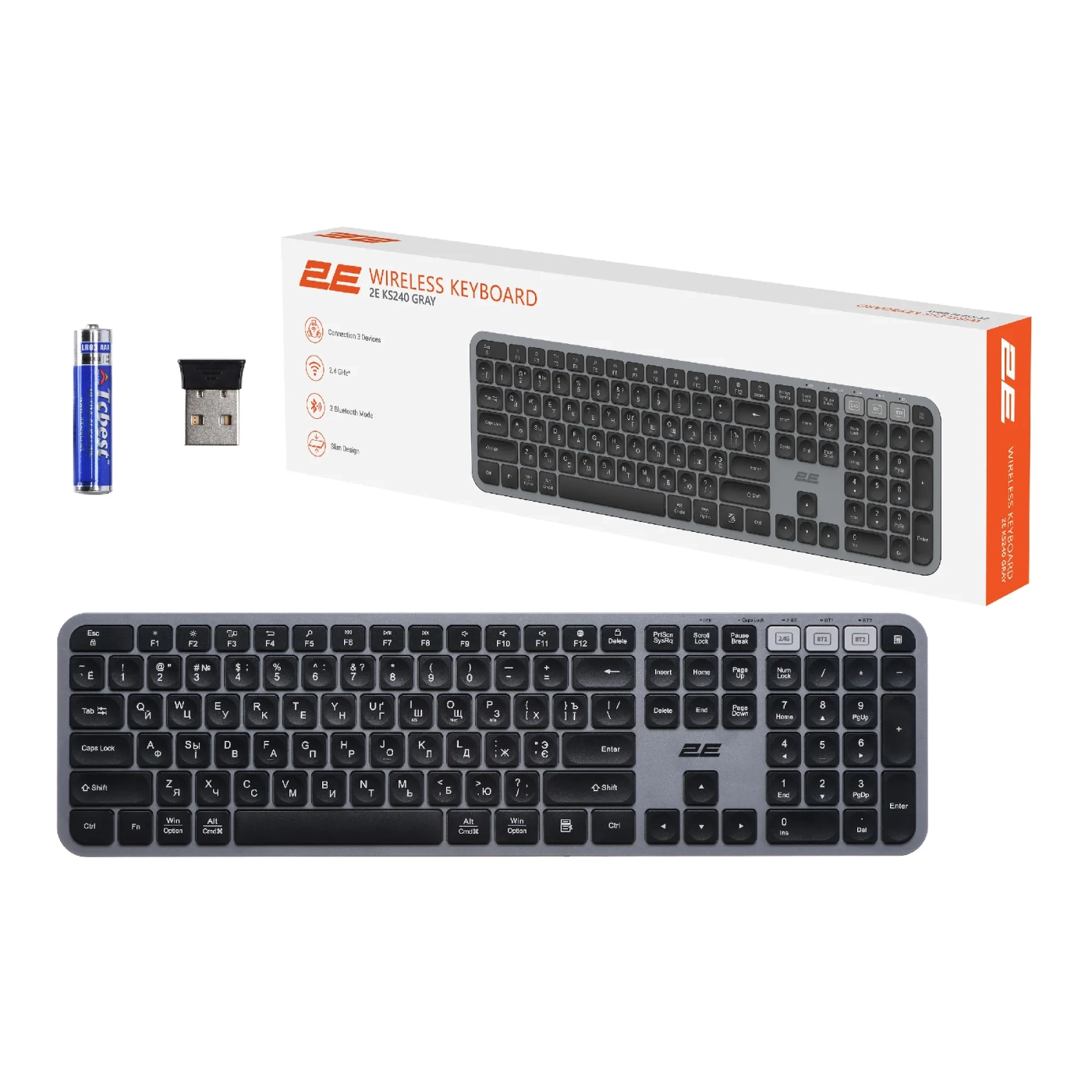 Купити Клавіатура 2E KS240 Wireless USB/Bluetooth UA Grey (2E-KS240WG_UA) - фото 7