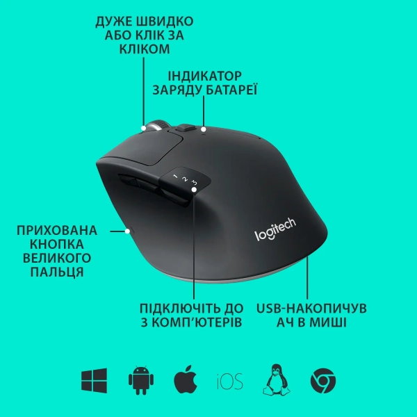 Купити Миша Logitech M720 Triathlon Wireless/Bluetooth Black - фото 6