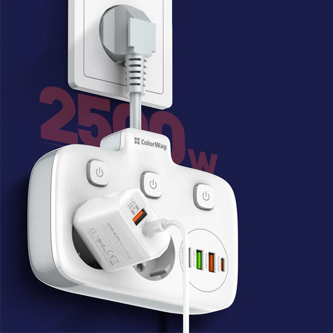 Купити Мережевий фільтр ColorWay 2 розетки + 4 USB (3 USB + USB-C/20W) 2.5см White (CW-CHE24PDW) - фото 8