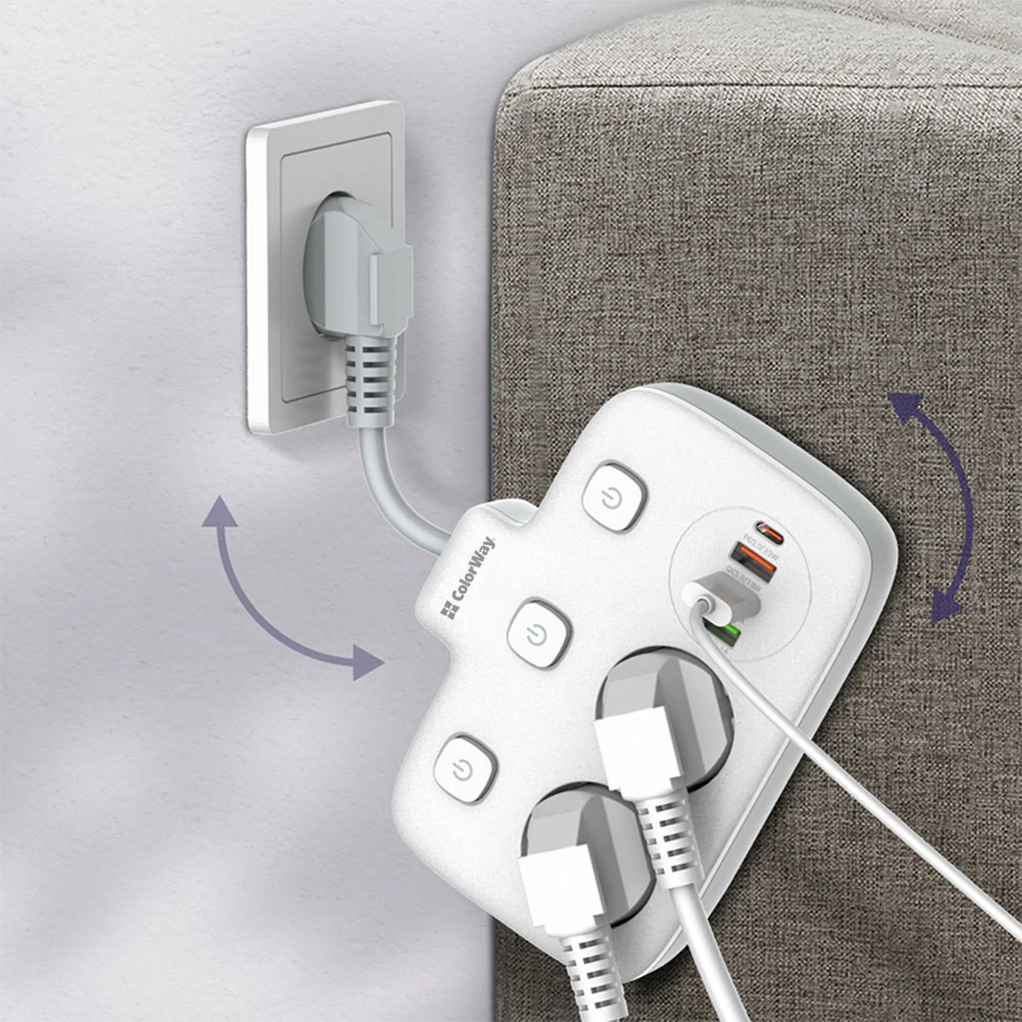 Купити Мережевий фільтр ColorWay 2 розетки + 4 USB (3 USB + USB-C/20W) 2.5см White (CW-CHE24PDW) - фото 10