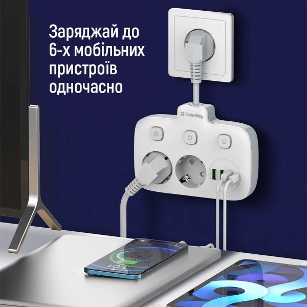 Купити Мережевий фільтр ColorWay 2 розетки + 4 USB (3 USB + USB-C/20W) 2.5см White (CW-CHE24PDW) - фото 11