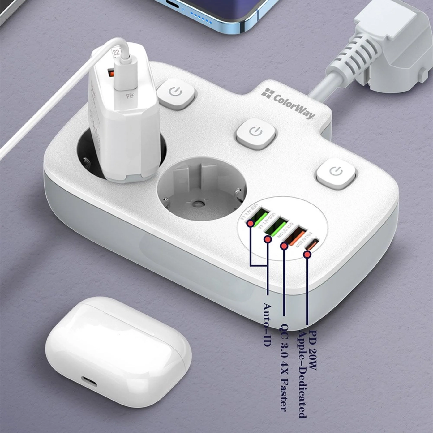 Купити Мережевий фільтр ColorWay 2 розетки + 4 USB (3 USB + USB-C/20W) 2.5см White (CW-CHE24PDW) - фото 12