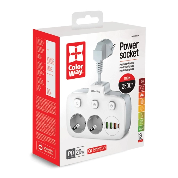 Купити Мережевий фільтр ColorWay 2 розетки + 4 USB (3 USB + USB-C/20W) 2.5см White (CW-CHE24PDW) - фото 16