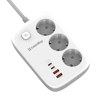 Купить Сетевой фильтр ColorWay 3 розетки + 4 USB (2 USB + 2 USB-C/65W) 2м White (CW-CHE34PDW) - фото 1