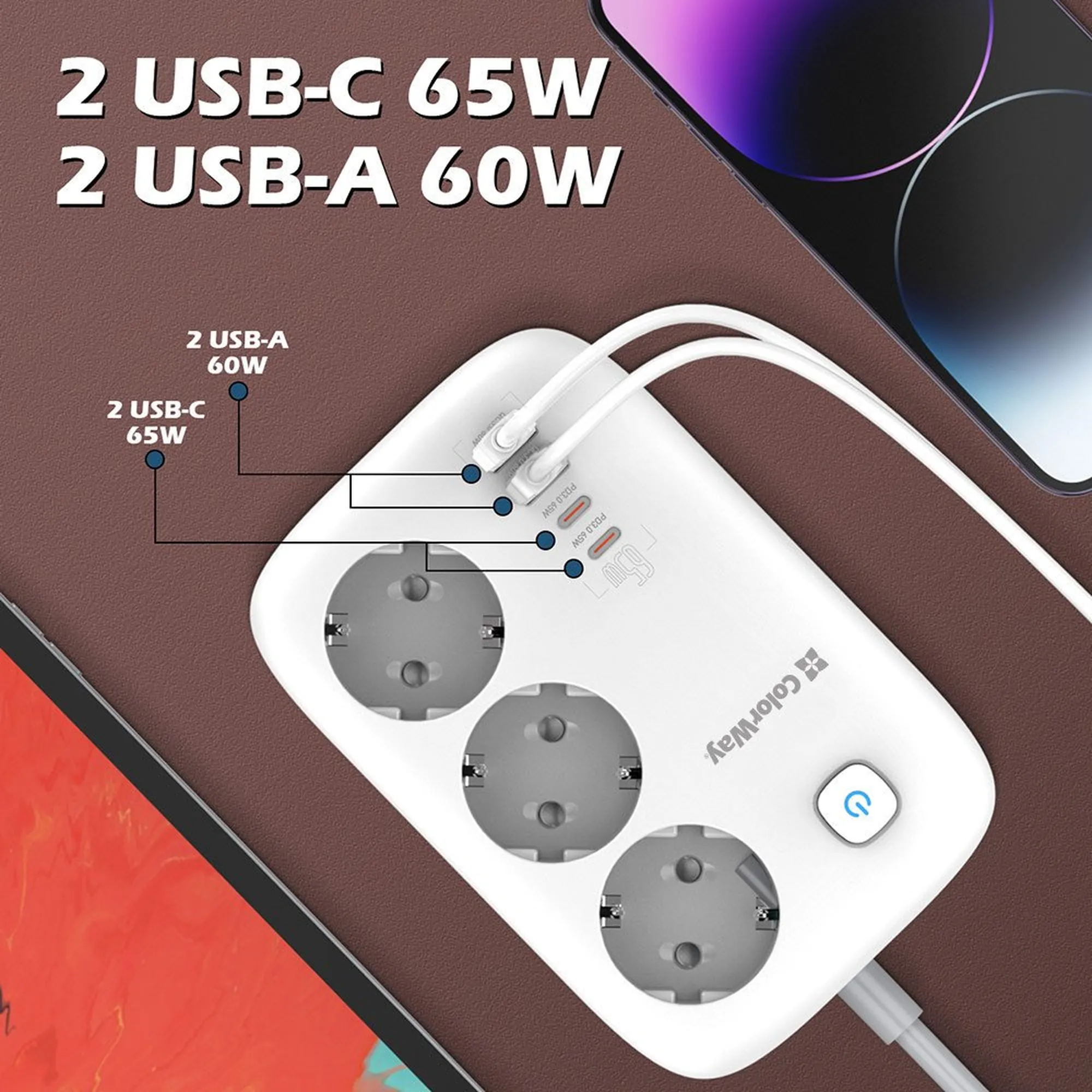 Купити Мережевий фільтр ColorWay 3 розетки + 4 USB (2 USB + 2 USB-C/65W) 2м White (CW-CHE34PDW) - фото 7