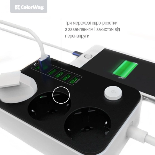 Купить Сетевой фильтр ColorWay 3 розетки + 6 USB 1.8м Black (CW-CHE36B) - фото 5