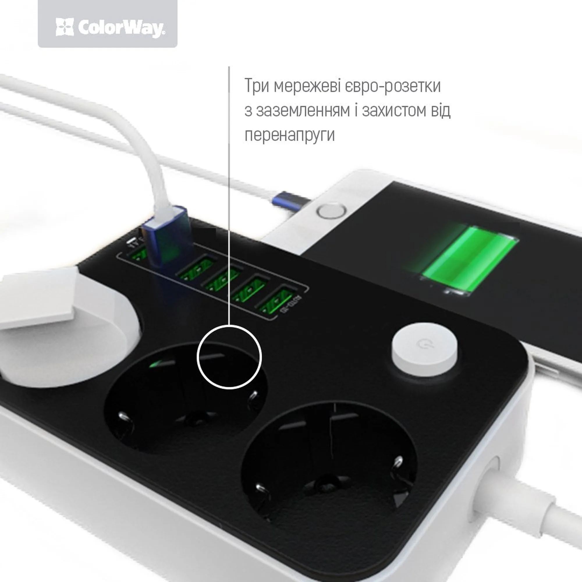 Купить Сетевой фильтр ColorWay 3 розетки + 6 USB 1.8м Black (CW-CHE36B) - фото 5