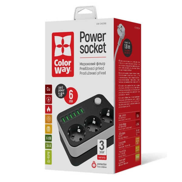 Купить Сетевой фильтр ColorWay 3 розетки + 6 USB 1.8м Black (CW-CHE36B) - фото 9
