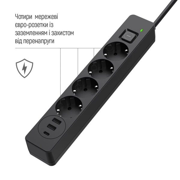 Купити Мережевий фільтр ColorWay 4 розетки + 3 USB (2 USB + USB-C/24W) 2м Black (CW-CHE432PDB) - фото 5