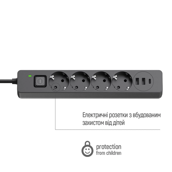 Купити Мережевий фільтр ColorWay 4 розетки + 3 USB (2 USB + USB-C/24W) 2м Black (CW-CHE432PDB) - фото 6