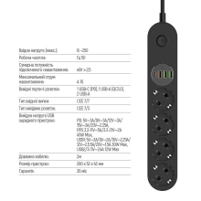 Купить Сетевой фильтр ColorWay 4 розетки + 4 USB ( USB-C + 3 USB/45W) 2м Black (CW-CHE44PDB) - фото 5