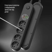Купить Сетевой фильтр ColorWay 4 розетки + 4 USB ( USB-C + 3 USB/45W) 2м Black (CW-CHE44PDB) - фото 8