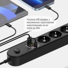 Купить Сетевой фильтр ColorWay 4 розетки + 4 USB ( USB-C + 3 USB/45W) 2м Black (CW-CHE44PDB) - фото 10