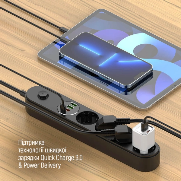 Купить Сетевой фильтр ColorWay 4 розетки + 4 USB ( USB-C + 3 USB/45W) 2м Black (CW-CHE44PDB) - фото 11