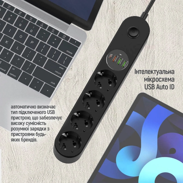 Купить Сетевой фильтр ColorWay 4 розетки + 4 USB ( USB-C + 3 USB/45W) 2м Black (CW-CHE44PDB) - фото 12