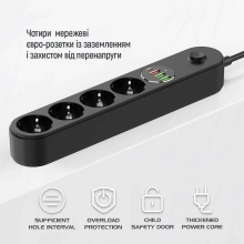 Купить Сетевой фильтр ColorWay 4 розетки + 4 USB ( USB-C + 3 USB/45W) 2м Black (CW-CHE44PDB) - фото 16
