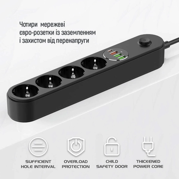 Купить Сетевой фильтр ColorWay 4 розетки + 4 USB ( USB-C + 3 USB/45W) 2м Black (CW-CHE44PDB) - фото 16