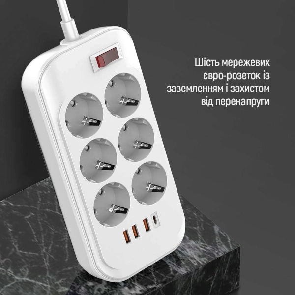Купить Сетевой фильтр ColorWay 6 розеток + 4 USB (USB-C + 3 USB/38W) 2м White (CW-CHE64PDW) - фото 5