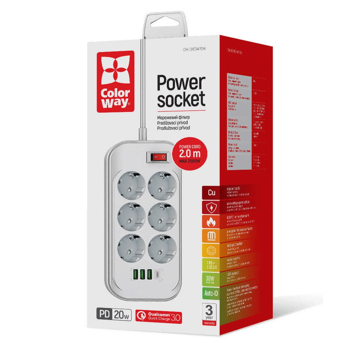 Купить Сетевой фильтр ColorWay 6 розеток + 4 USB (USB-C + 3 USB/38W) 2м White (CW-CHE64PDW) - фото 14