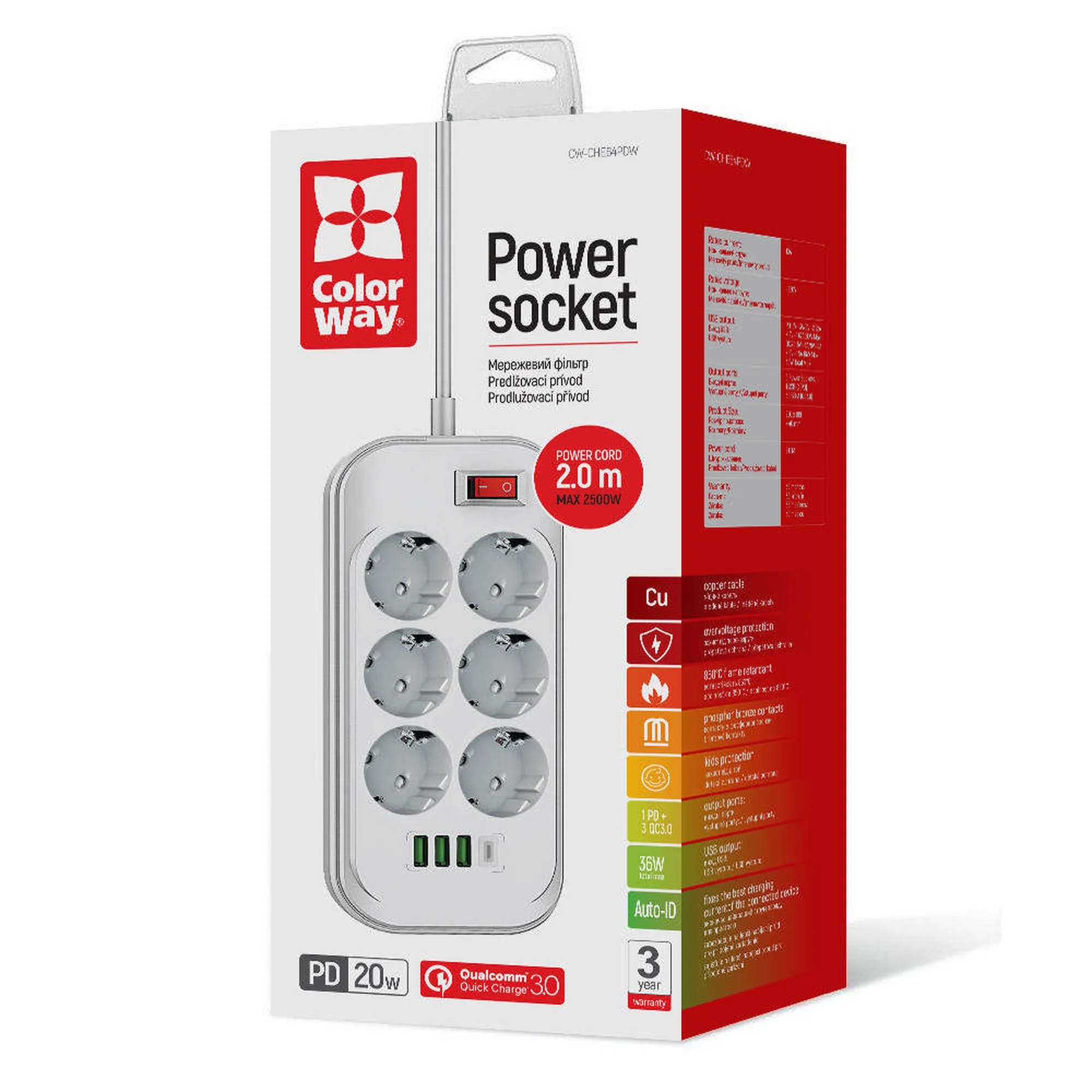 Купить Сетевой фильтр ColorWay 6 розеток + 4 USB (USB-C + 3 USB/38W) 2м White (CW-CHE64PDW) - фото 14