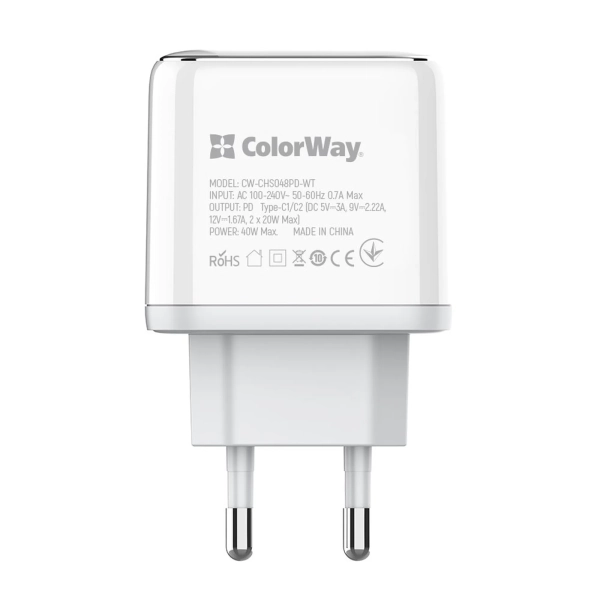 Купити Зарядний пристрій ColorWay 2USB-C 40W 3A White (CW-CHS048PD-WT) - фото 5