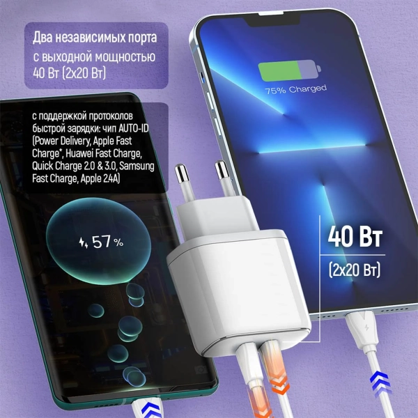 Купити Зарядний пристрій ColorWay 2USB-C 40W 3A White (CW-CHS048PD-WT) - фото 7