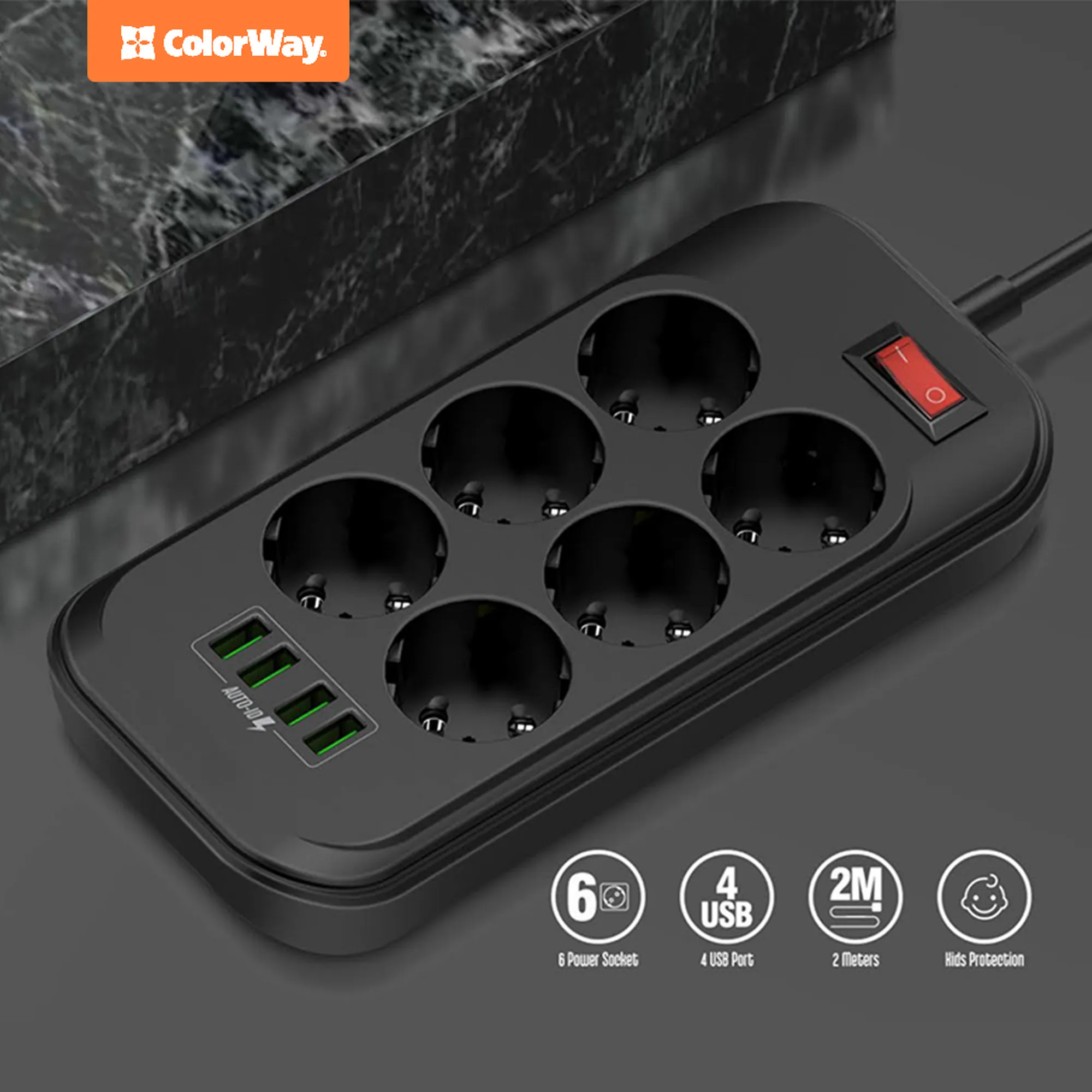 Купить Сетевой фильтр ColorWay CW-CHE64B 2 м, 6 розеток/4 USB - фото 11