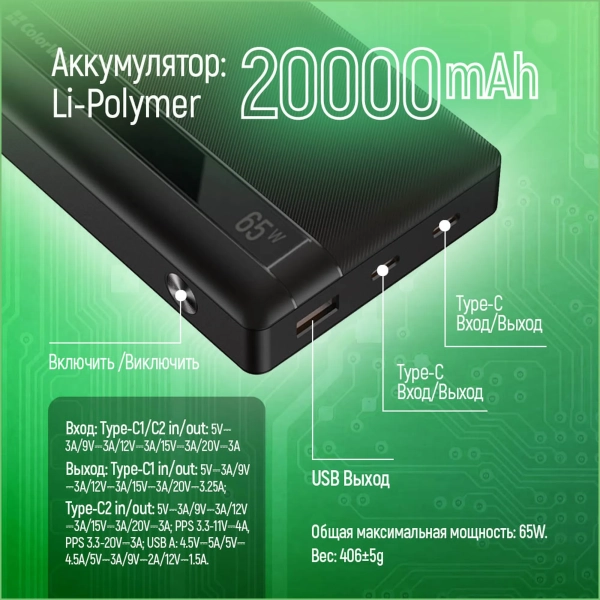 Купить Павербанк УМБ ColorWay 20000mAh 65W (CW-PB200LPA3BK-PDD) - фото 13