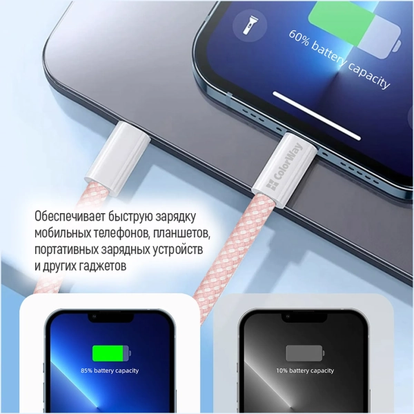 Купить Кабель ColorWay USB-C 60W 3А 1m Pink (CW-CBPDCC061-P) - фото 13