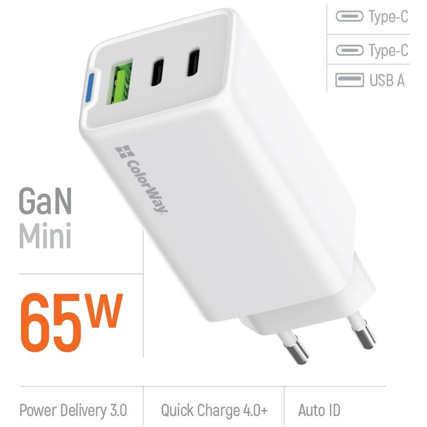 Купить Зарядное устройство СolorWay GaN 65W 5A 2xUSB-C+USB White (CW-CHS058PD-WT) - фото 6