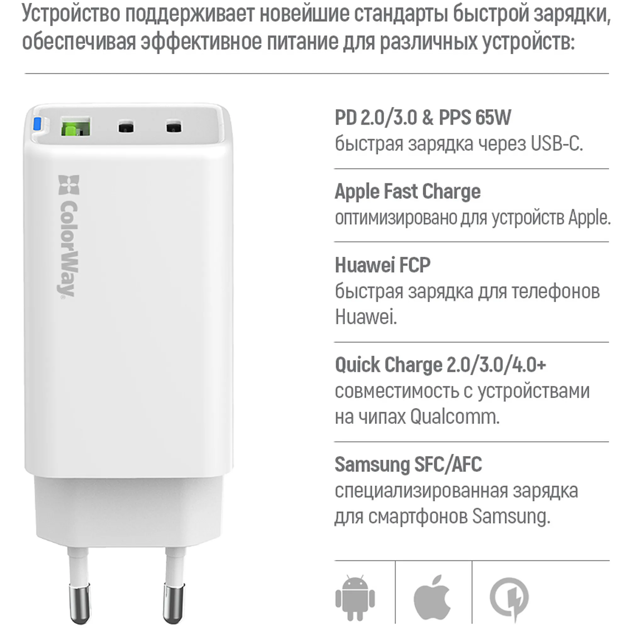 Купить Зарядное устройство СolorWay GaN 65W 5A 2xUSB-C+USB White (CW-CHS058PD-WT) - фото 9