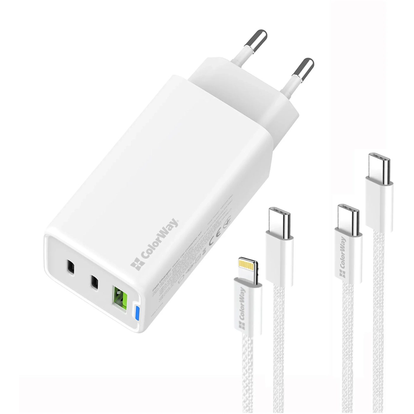 Купити Зарядний пристрій СolorWay GaN 65W 5A 2xUSB-C+USB White + 2 кабеля (CW-CHS058PDCL-WT) - фото 1
