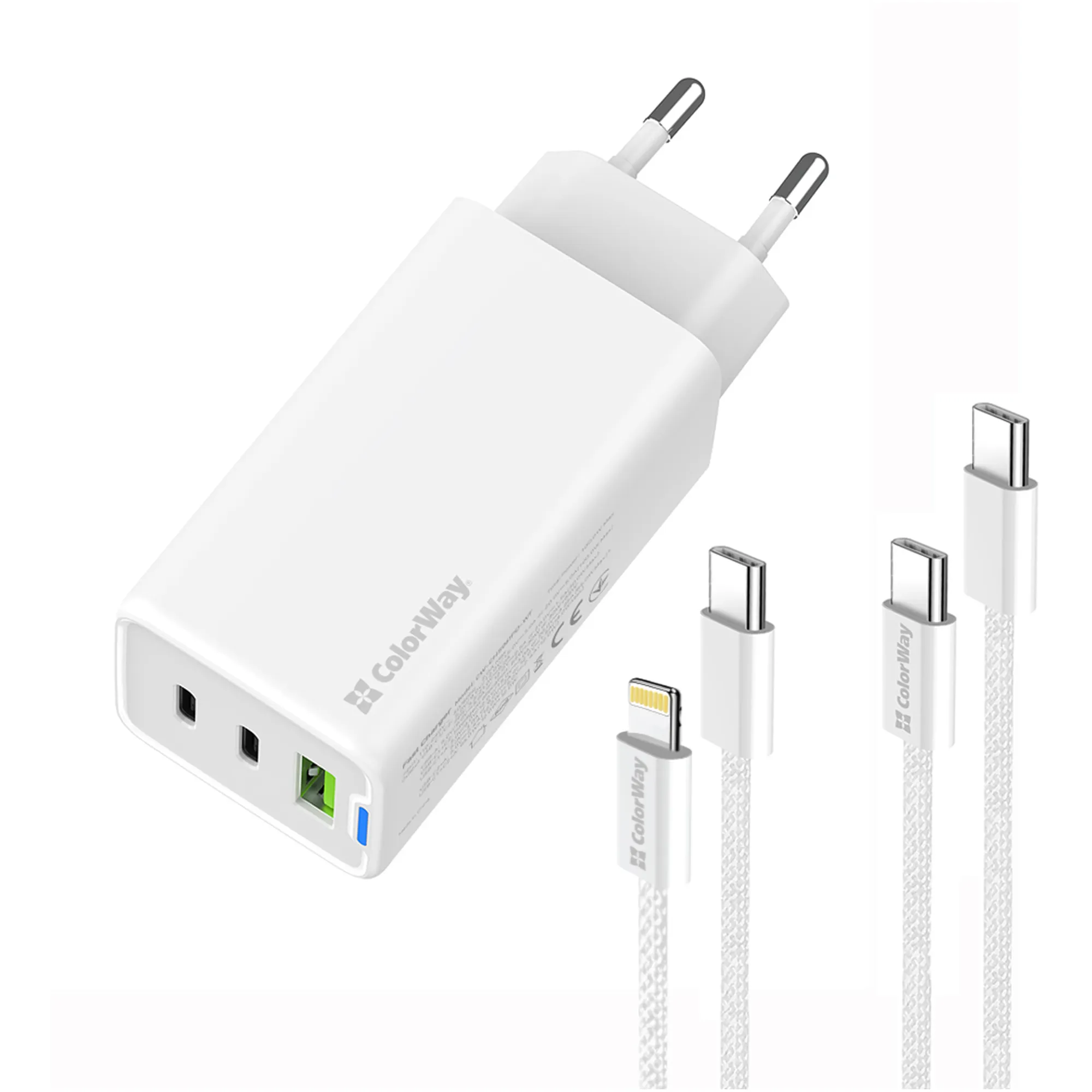 Купити Зарядний пристрій СolorWay GaN 65W 5A 2xUSB-C+USB White + 2 кабеля (CW-CHS058PDCL-WT) - фото 1