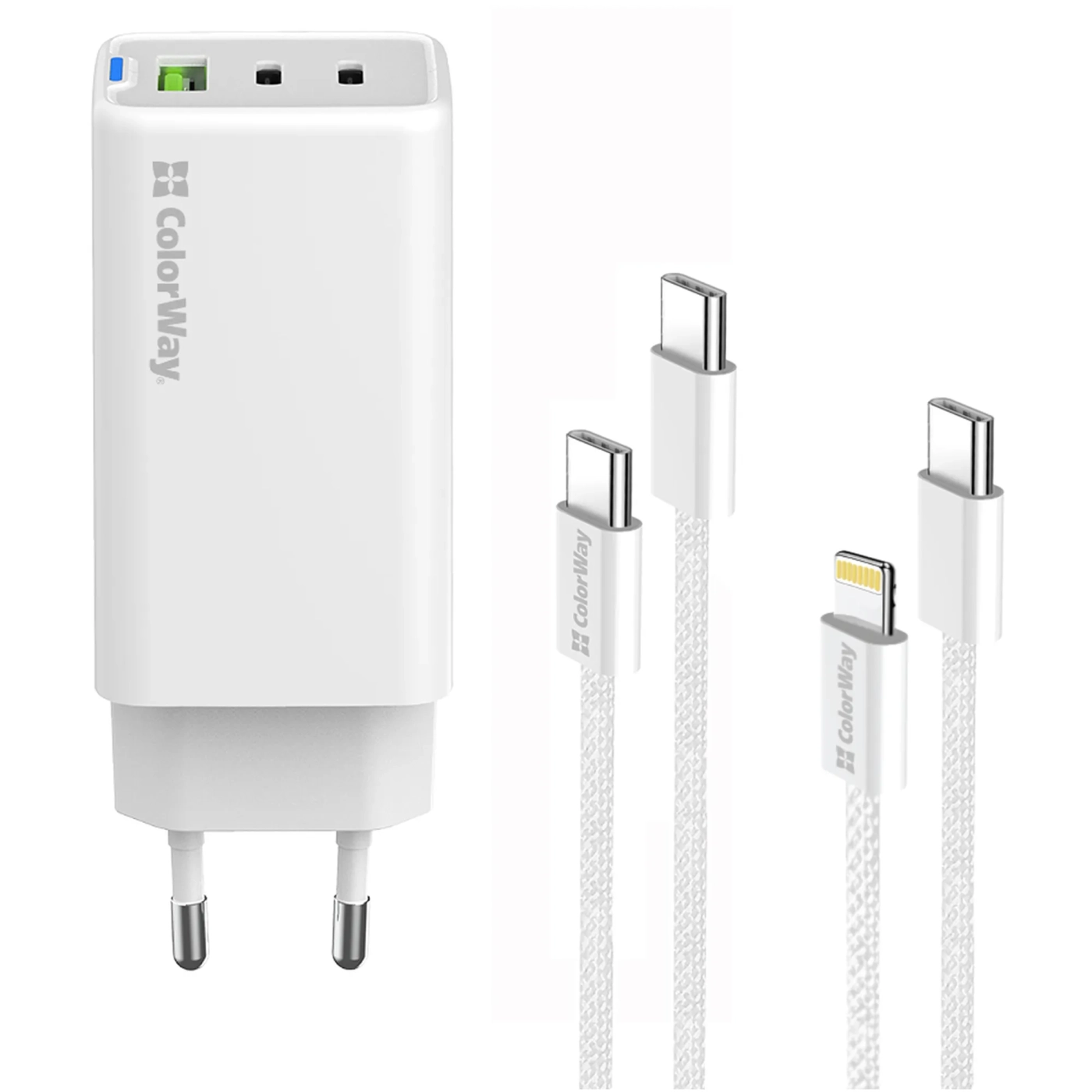 Купити Зарядний пристрій СolorWay GaN 65W 5A 2xUSB-C+USB White + 2 кабеля (CW-CHS058PDCL-WT) - фото 2