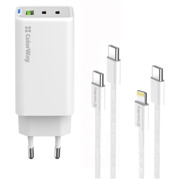 Купити Зарядний пристрій СolorWay GaN 65W 5A 2xUSB-C+USB White + 2 кабеля (CW-CHS058PDCL-WT) - фото 2