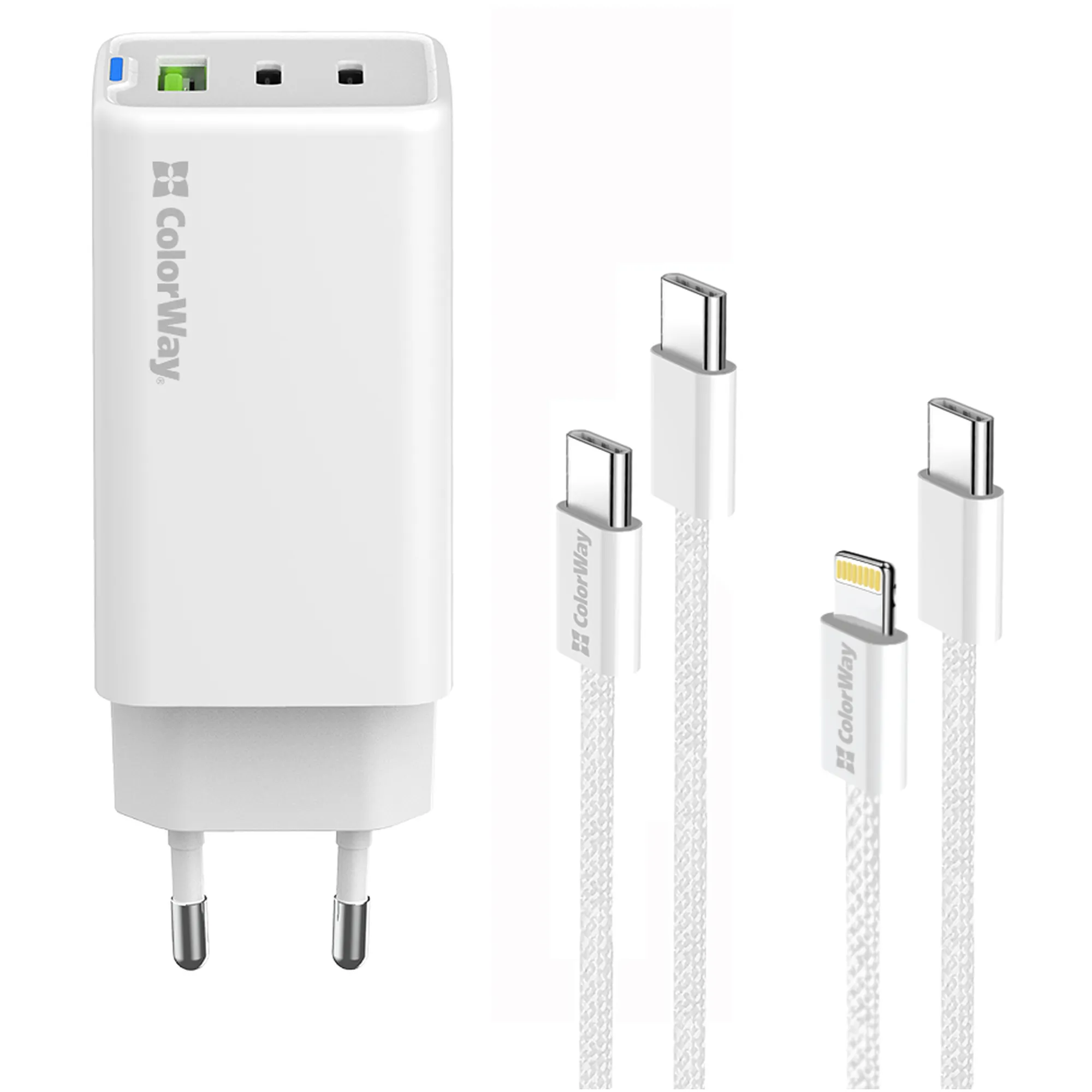 Купити Зарядний пристрій СolorWay GaN 65W 5A 2xUSB-C+USB White + 2 кабеля (CW-CHS058PDCL-WT) - фото 2