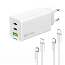 Купити Зарядний пристрій СolorWay GaN 65W 5A 2xUSB-C+USB White + 2 кабеля (CW-CHS058PDCL-WT) - фото 4