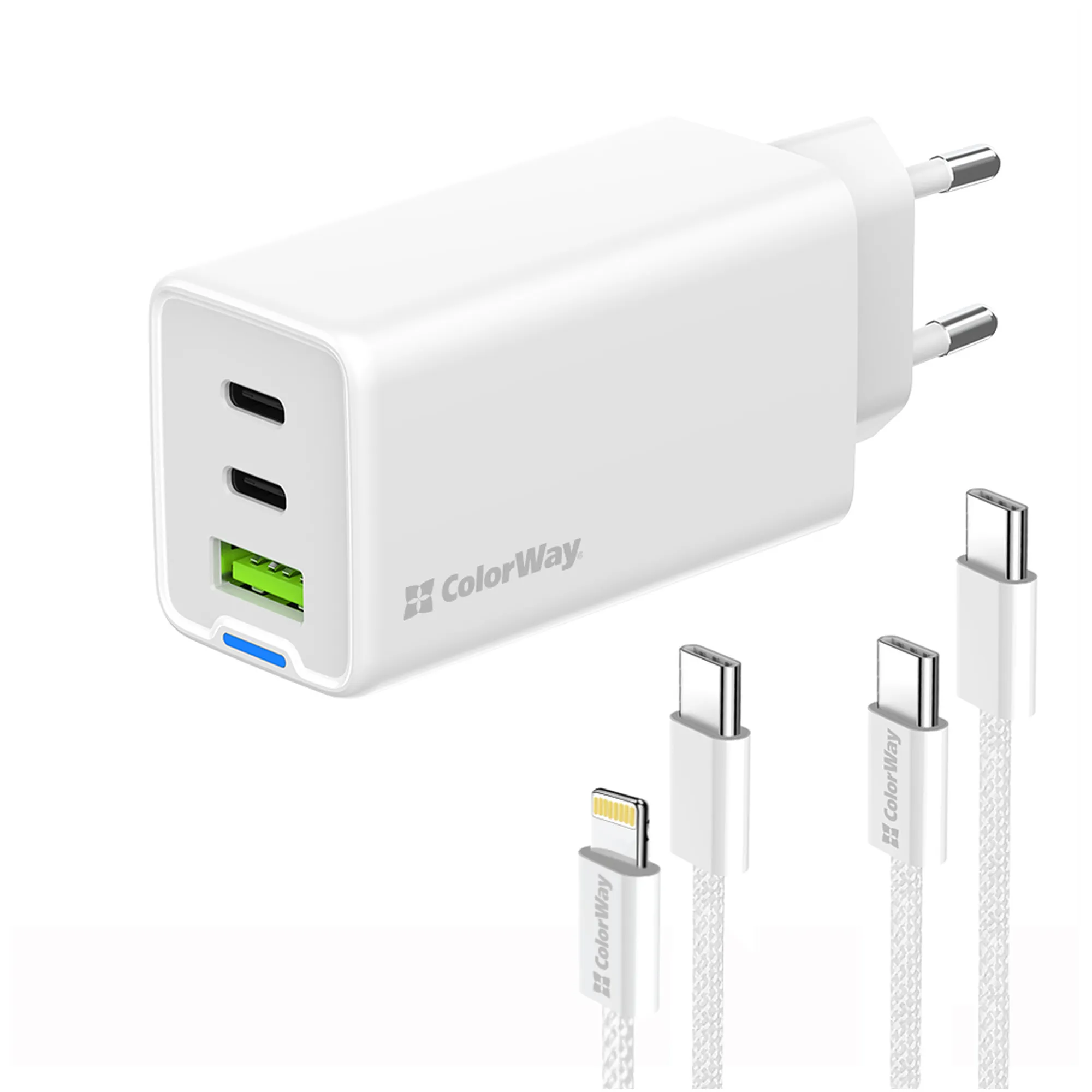 Купити Зарядний пристрій СolorWay GaN 65W 5A 2xUSB-C+USB White + 2 кабеля (CW-CHS058PDCL-WT) - фото 4