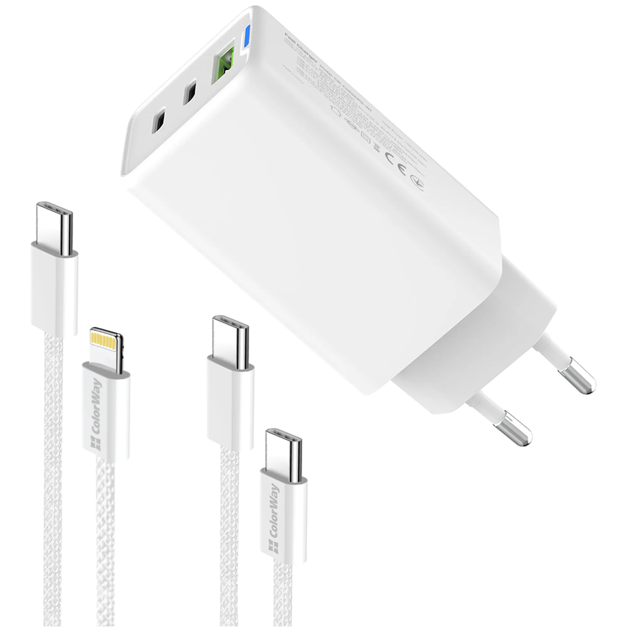 Купити Зарядний пристрій СolorWay GaN 65W 5A 2xUSB-C+USB White + 2 кабеля (CW-CHS058PDCL-WT) - фото 5