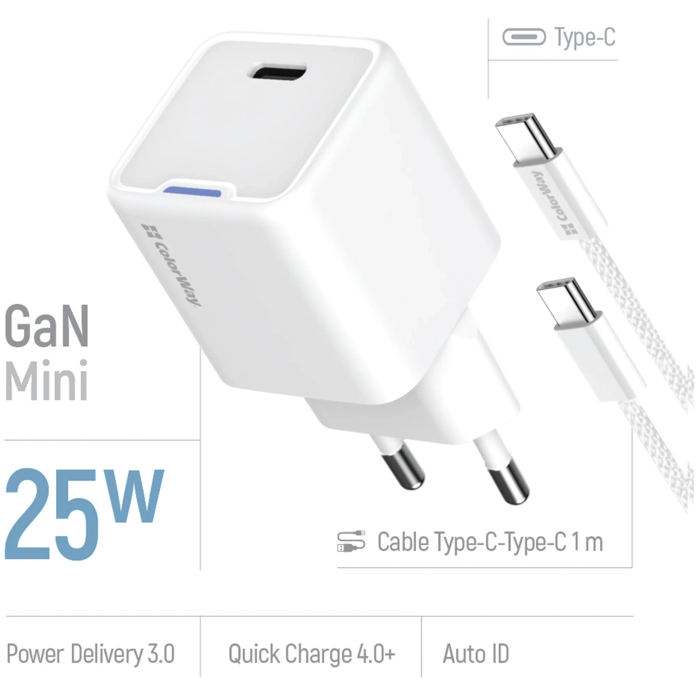 Купить Зарядное устройство СolorWay GaN 25W 3A USB-C White + кабель (CW-CHS052PDC-WT) - фото 6