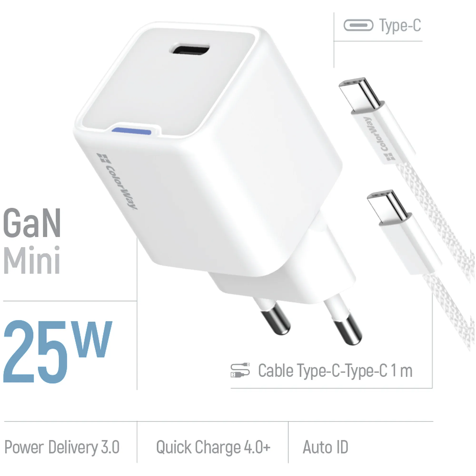 Купить Зарядное устройство СolorWay GaN 25W 3A USB-C White + кабель (CW-CHS052PDC-WT) - фото 6
