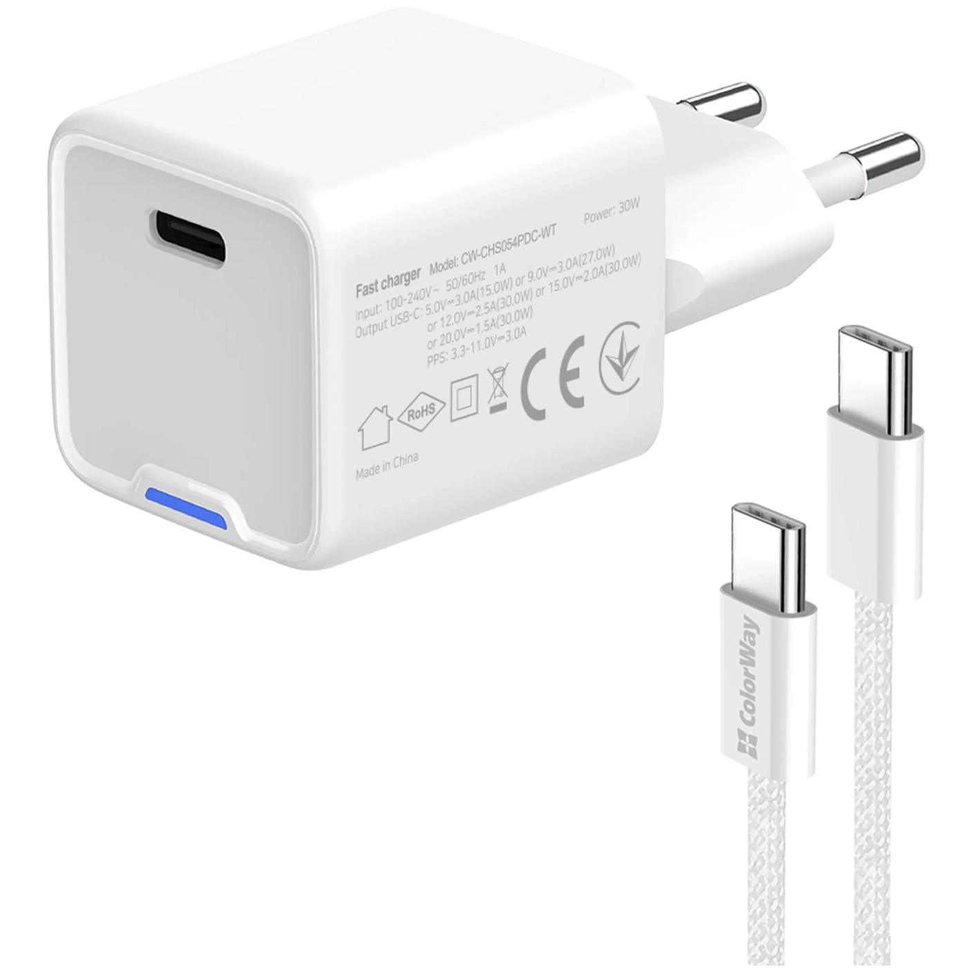 Купить Зарядное устройство СolorWay GaN 30W 3A USB-C White + кабель (CW-CHS054PDC-WT) - фото 5