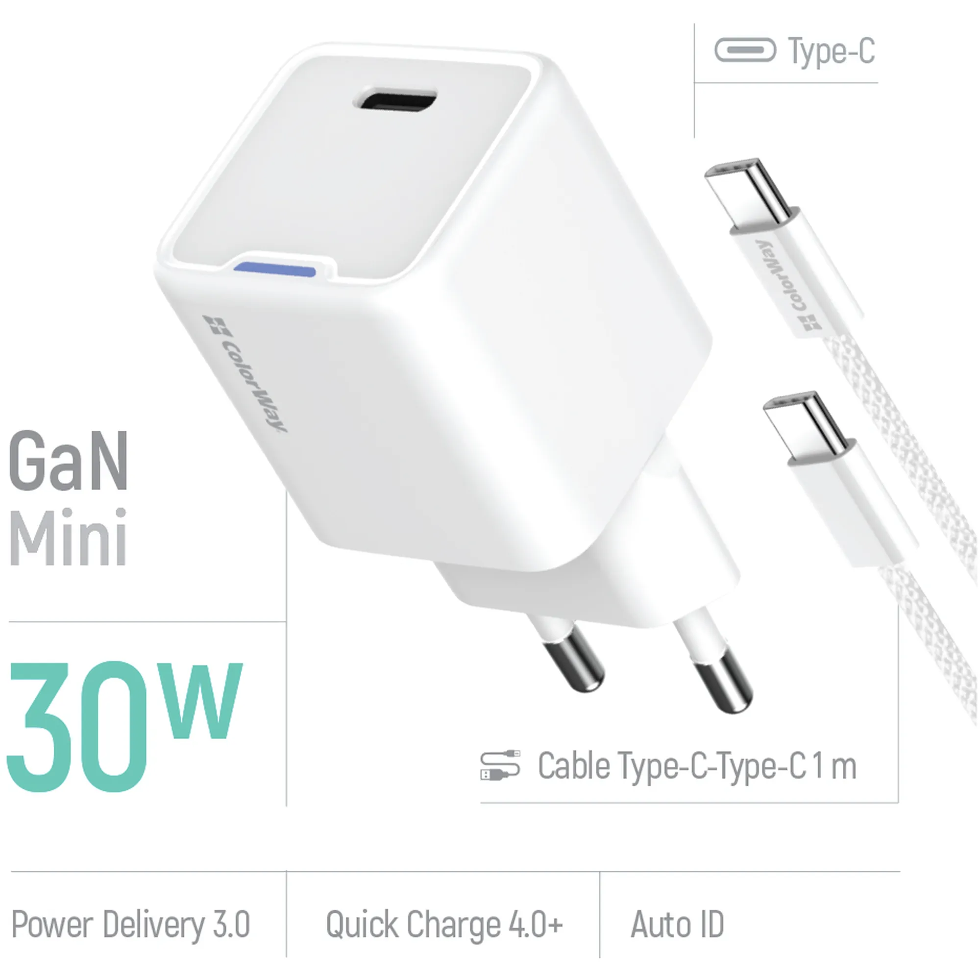 Купить Зарядное устройство СolorWay GaN 30W 3A USB-C White + кабель (CW-CHS054PDC-WT) - фото 6