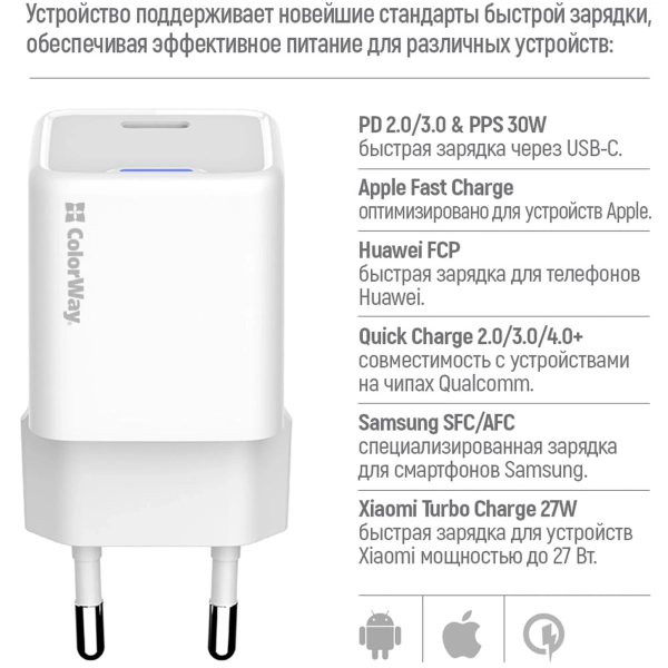 Купить Зарядное устройство СolorWay GaN 30W 3A USB-C White + кабель (CW-CHS054PDC-WT) - фото 9