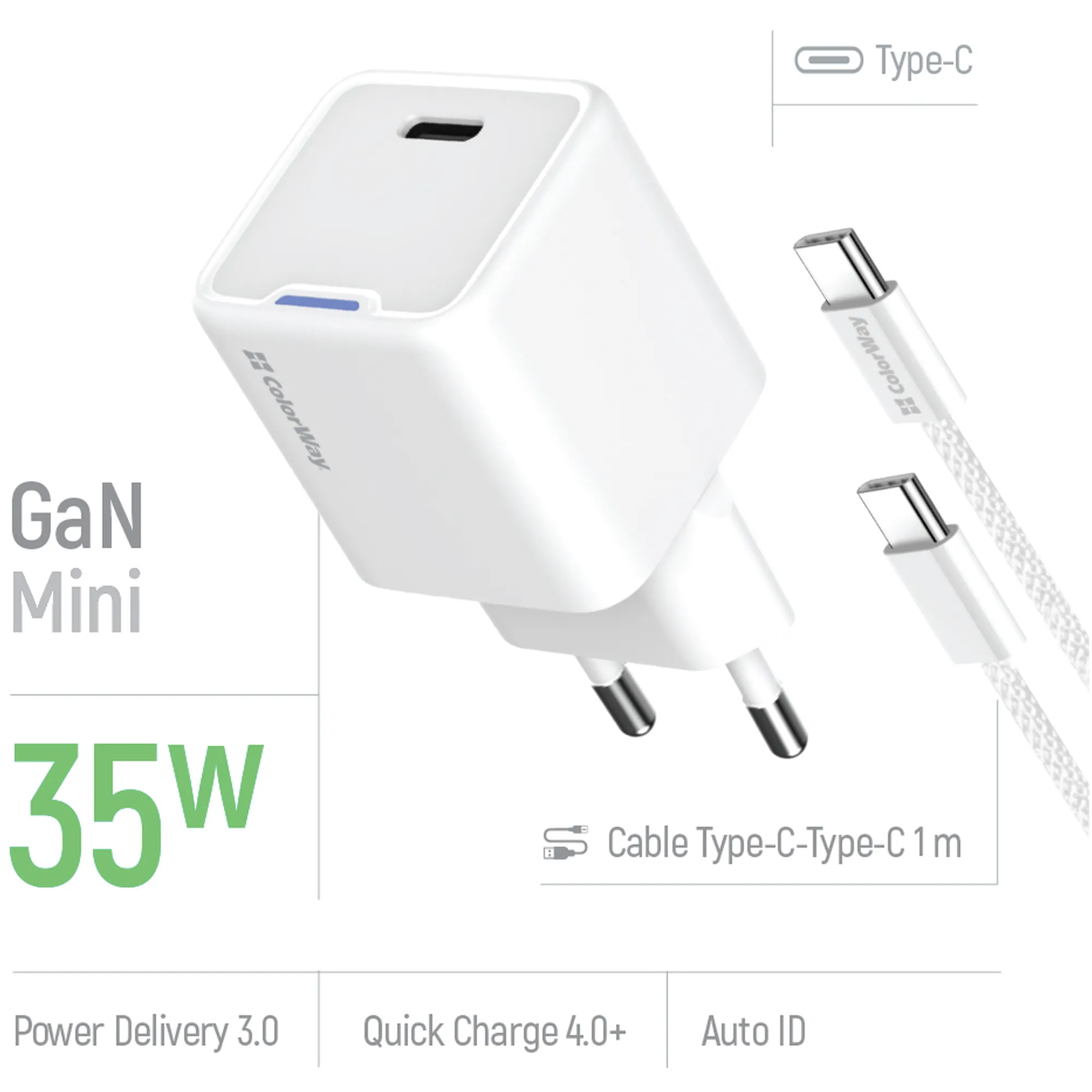 Купити Зарядний пристрій СolorWay GaN 35W 3A USB-C White + кабель (CW-CHS056PDC-WT) - фото 6