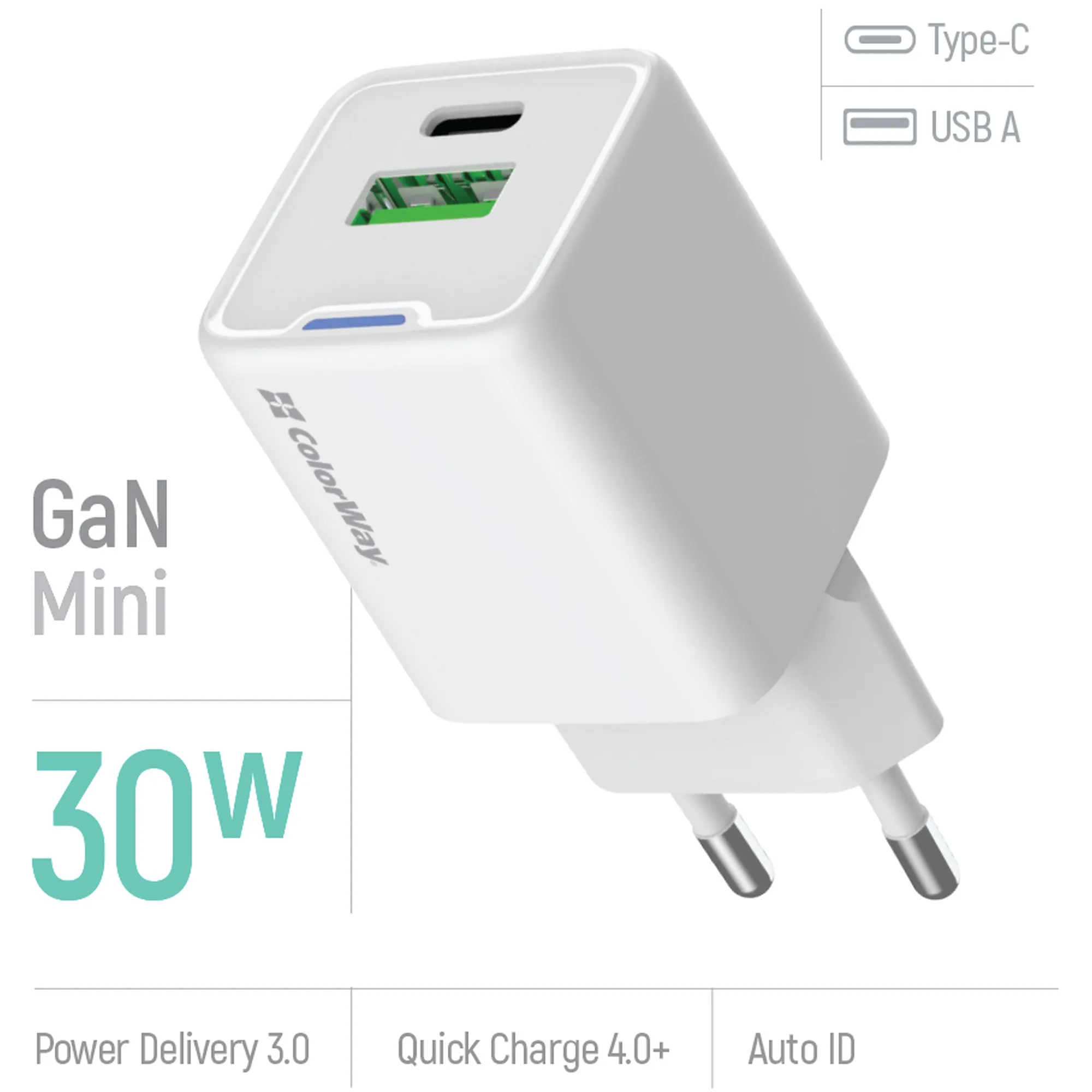 Купити Зарядний пристрій СolorWay GaN 30W 3A USB-C+USB White (CW-CHS053PD-WT) - фото 6