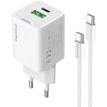 Купити Зарядний пристрій СolorWay GaN 30W 3A USB-C+USB White + кабель (CW-CHS053PDC-WT) - фото 1