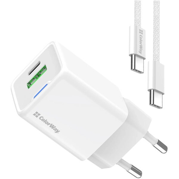 Купити Зарядний пристрій СolorWay GaN 30W 3A USB-C+USB White + кабель (CW-CHS053PDC-WT) - фото 2