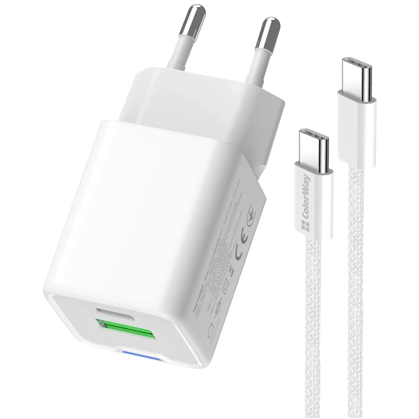 Купити Зарядний пристрій СolorWay GaN 30W 3A USB-C+USB White + кабель (CW-CHS053PDC-WT) - фото 4