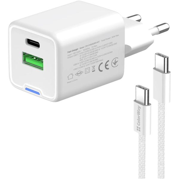 Купити Зарядний пристрій СolorWay GaN 30W 3A USB-C+USB White + кабель (CW-CHS053PDC-WT) - фото 5